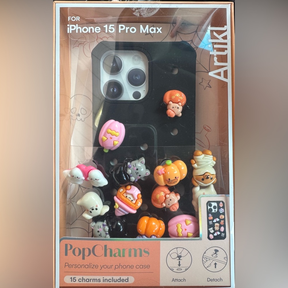 Halloween-Themed Phone Case for iPhone 15 Pro Max - Black with Charms